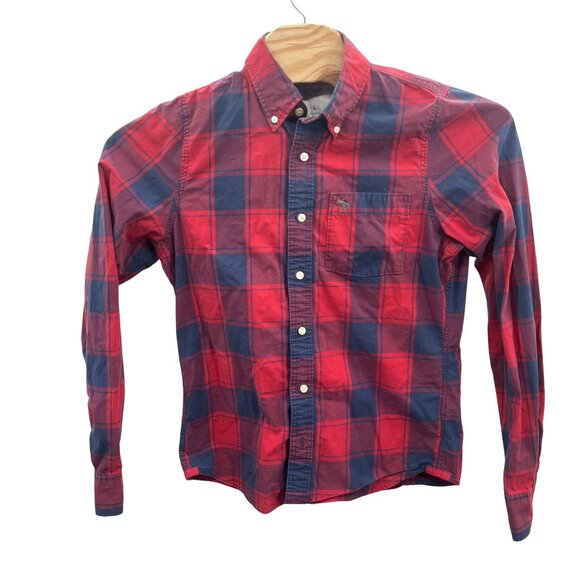 Abercrombie & Fitch Mens Red & Navy Plaid Button-Up Shirt Muscle Fit Size L - Picture 2 of 5